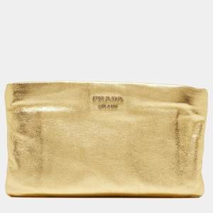 Prada Metallic Gold Leather Double Zip Clutch