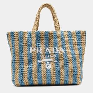 Prada Tan/Light Blue Crochet Straw Large Tote