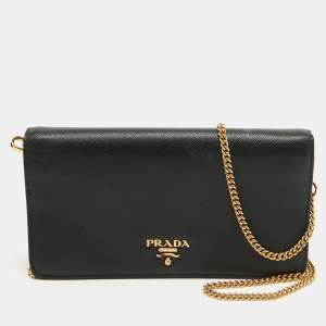 Pre Owned Prada Black Saffiano Lux Leather Logo Flap Wallet On Chain