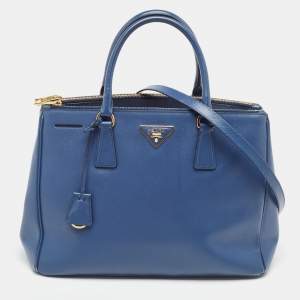Pre Owned Prada Navy Blue Saffiano Leather Medium Galleria Double Zip Tote