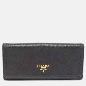 Prada Black Vitello Daino Leather Logo Flap Continental Wallet
