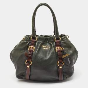 Pre Owned Prada Dark Green/Brown Vitello Daino Leather Buckle Hobo 