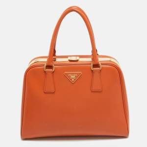 Pre Owned Prada Orange Saffiano Lux Leather Pyramid Frame Satchel