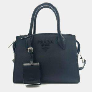 Prada Black Monochrome Saffiano with City Calf Mini Tote Bag