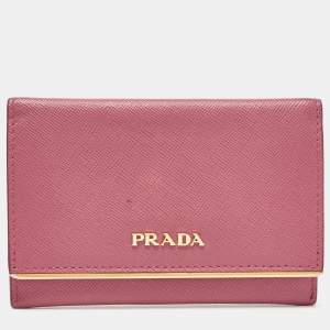 Prada Pink Saffiano Leather Flap Metal Card Holder