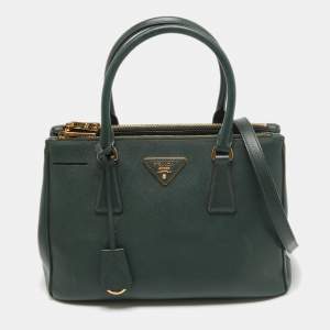 Pre Owned Prada Dark Green Saffiano Leather Small Double Zip Tote