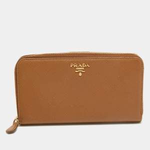 Prada Brown Saffiano Leather Zip Around Long Wallet