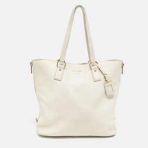 Prada White Vitello Daino Leather Side Zip Tote