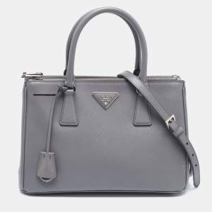 Prada Grey Saffiano Leather Small Double Zip Tote