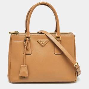 Pre Owned Prada Caramel Saffiano Lux Leather Small Galleria Double Zip Tote