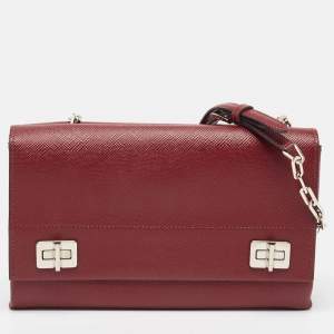 Prada Dark Red Saffiano Cuir Leather Double Shoulder Bag