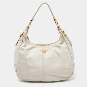 Prada Off White Vitello Daino Leather Zip Hobo