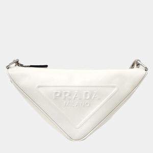 Prada White Leather Triangle Logo Shoulder Bag