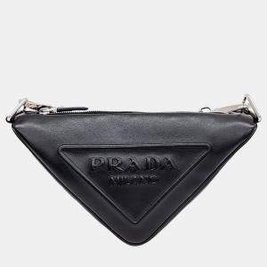 Pre Owned Prada Black Leather Triangle Logo Shoulder Bag