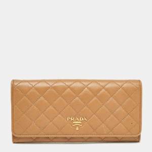 Prada Brown Quilted Saffiano Metal Leather Logo Flap Wallet