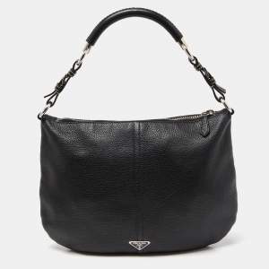 Prada Black Leather Logo Hobo