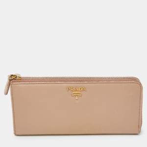 Prada Beige Saffiano Leather Zip Around Continental Wallet