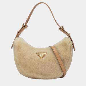 Prada Brown/Beige Shearling and Leather Arqué Satchel