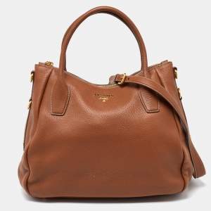 Prada Brown Vitello Daino Leather Sacca 2 Manici Tote