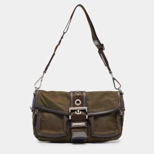 Prada Olive Green Tessuto and Leather Buckle Flap Shoulder Bag