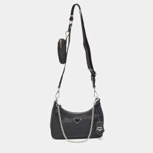 Prada Black Re Nylon and Leather Re-Edition 2005 Baguette Bag