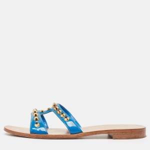 Prada Blue Patent Leather Studded Flat Slides Size 39