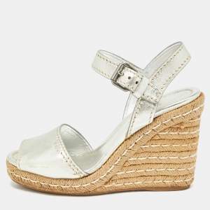 Prada Silver Leather Wedge Espadrilles Size 39.5