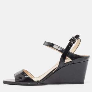 Prada Black Patent Leather Ankle Strap Wedge Sandals Size 39.5 