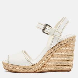 Prada White Leather Espadrille Platform Wedge Ankle Strap Sandals Size 39.5