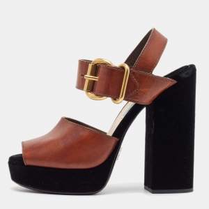 Prada Black/Brown Velvet and Leather Cutout Accent Platform Block Heel Ankle Strap Sandals Size 37