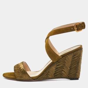 Prada Olive Green Suede and Raffia Wedge Ankle Wrap Sandals Size 41