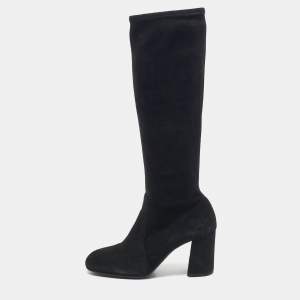 Prada Black Suede Knee Length Block Heel Boots Size 37.5