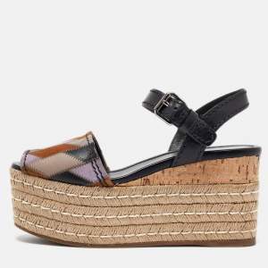 Prada Multicolor Leather and Suede Espadrille Platform Ankle Sandals Size 39