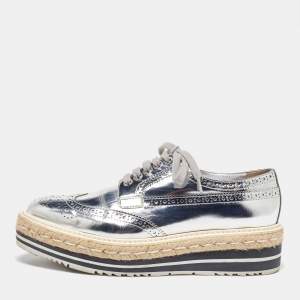 Prada Silver Brogue Leather Wave Wingtip Espadrille Platform Derby Sneakers Size 38