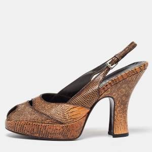 Prada Beige/Black Lizard Ankle Strap Peep Toe Sandals Size 36