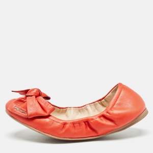 Prada Orange Leather Bow Logo Scrunch Ballet Flats Size 37