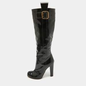 Prada Black Patent Leather Buckle Detail Over The Knee Length Boots Size 38.5