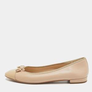 Prada Beige Leather and Patent Cap Toe Bow Ballet Flats Size 38.5