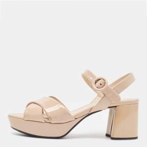 Prada Beige Patent Leather Platform Ankle Strap Sandals Size 38