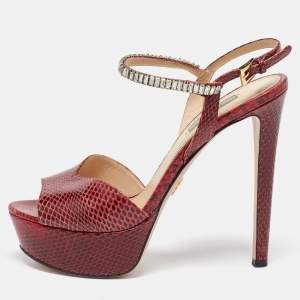 Prada Red Snakeskin Crystals Embellished Platform Sandals Size 39