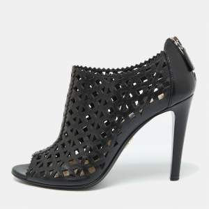 Prada Black Perforated Leather Peep Toe Booties Size 38
