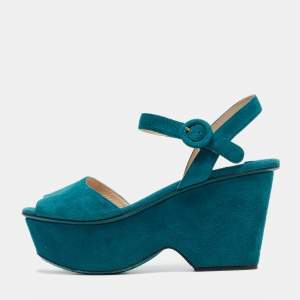 Prada Teal Suede Platform Ankle Strap Sandals Size 38