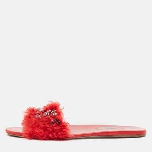 Prada Red Fur and Leather Crystal Embellished Flat Slides Size 41