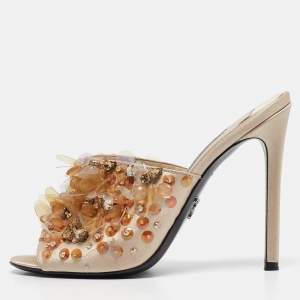 Prada Beige Satin Embellished Slide Sandals Size 37