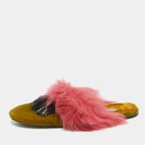 Prada Pink/Green Fur and Velvet Flat Sandals Size 40