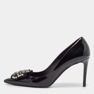 Prada Black Patent Leather Crystal Embellished Pointed Toe Pumps Size 38