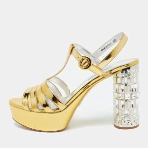 Prada Gold Laminated Leather Platform Block Heel Sandals Size 40