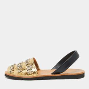 Prada Gold/Black Snake Embossed Leather and Leather Crystal Embellished Slingback Flat Sandals Size 39.5