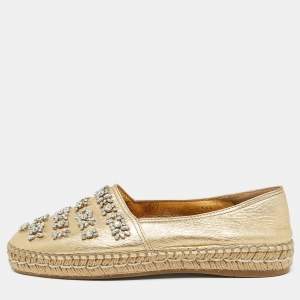 Prada Gold Leather Crystal Embellished Espadrille Flats Size 39.5