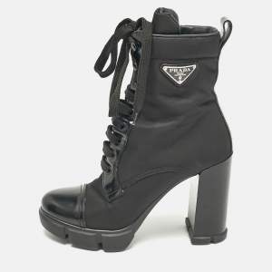 Prada Black Leather and Nylon Ankle Length Boots Size 38